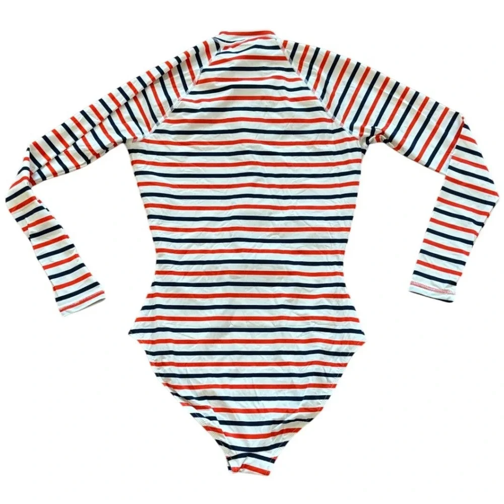 J.Crew Nautical Stripe Long Sleeve Rash Guard One Piece Swimsuit Red Navy size 6